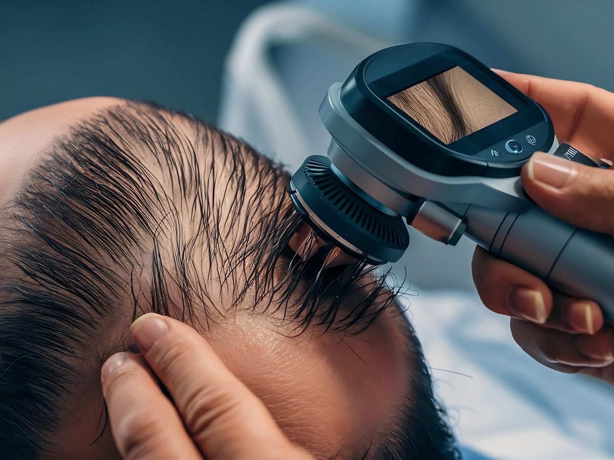 Exame do couro cabeludo com dermatoscópio para avaliação de queda capilar