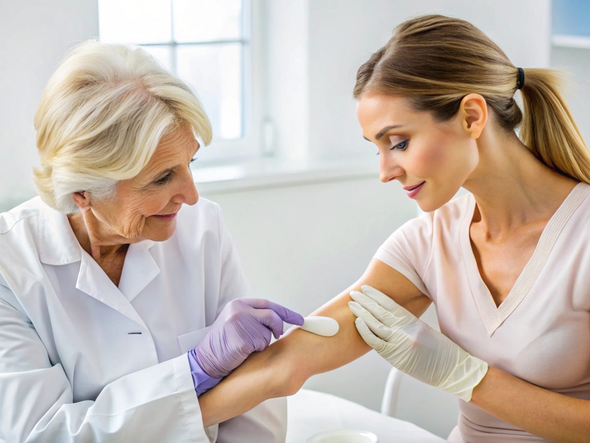 Médica aplicando injeção no braço de paciente em consultório claro
